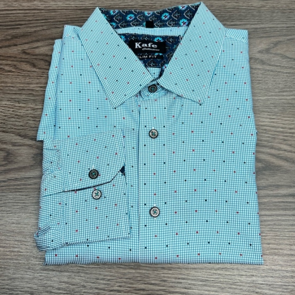 Kafe White w/ Teal Check Polka Dot Shirt Men's Size M